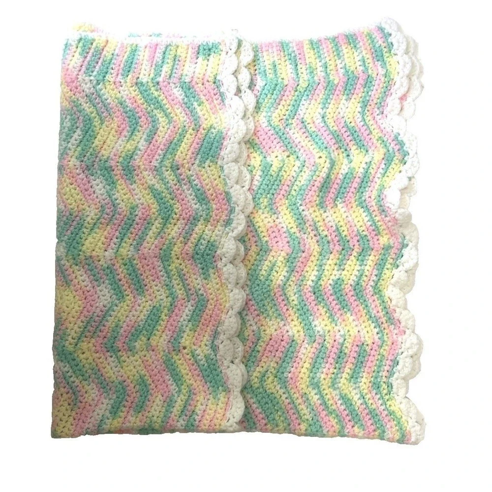 Handmade Chevron Knit Baby Blanket Pink Mint Yellow Scalloped Grannycore Cottage